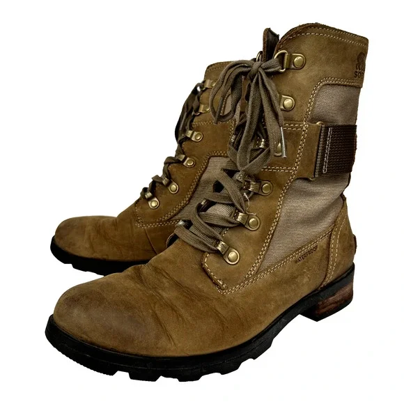 Sorel Emelie Conquest Boots Womens 7.5 Brown Combat Leather Utility Gorpcore - Picture 1 of 9